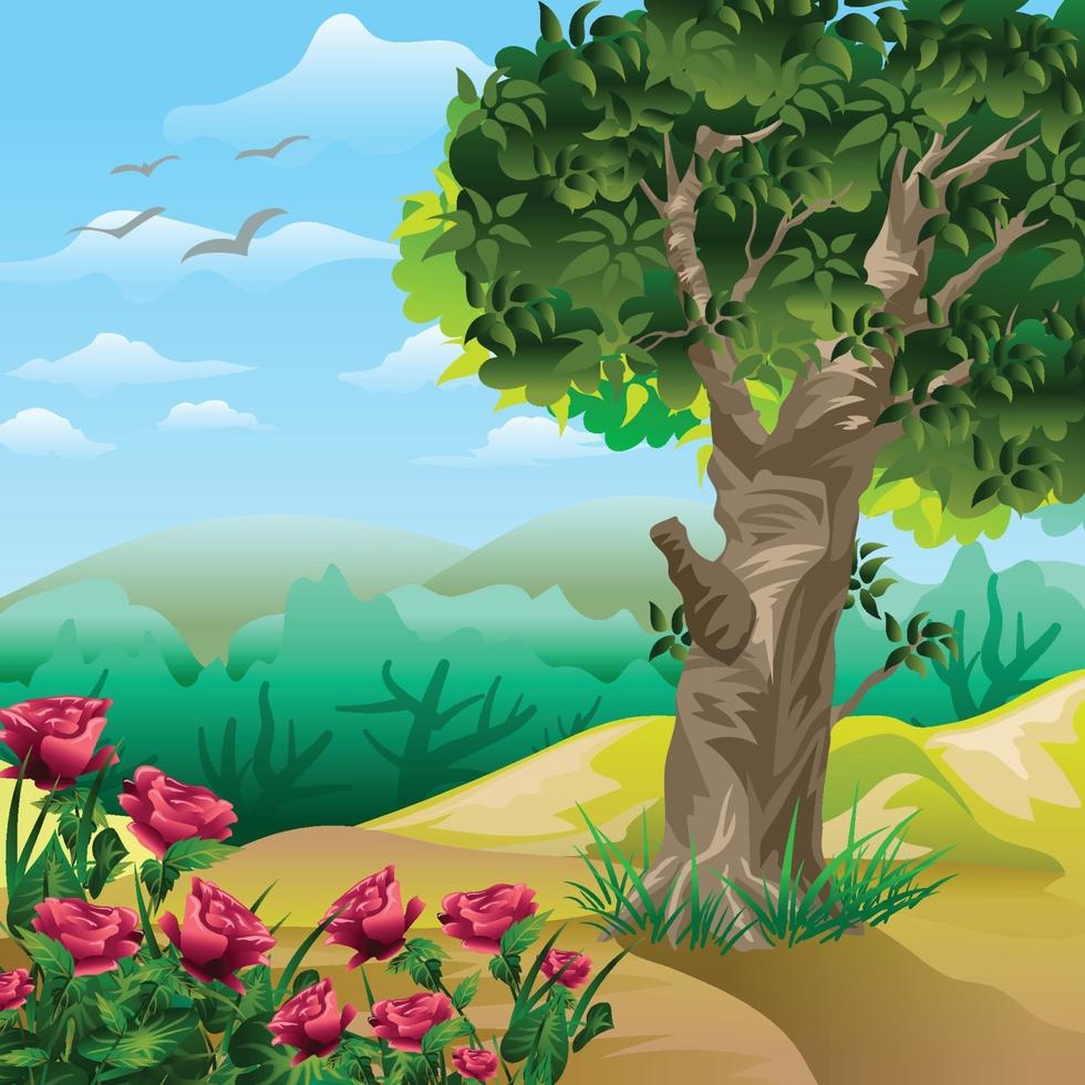 paysage avec un arbre et des fleurs roses vecteur