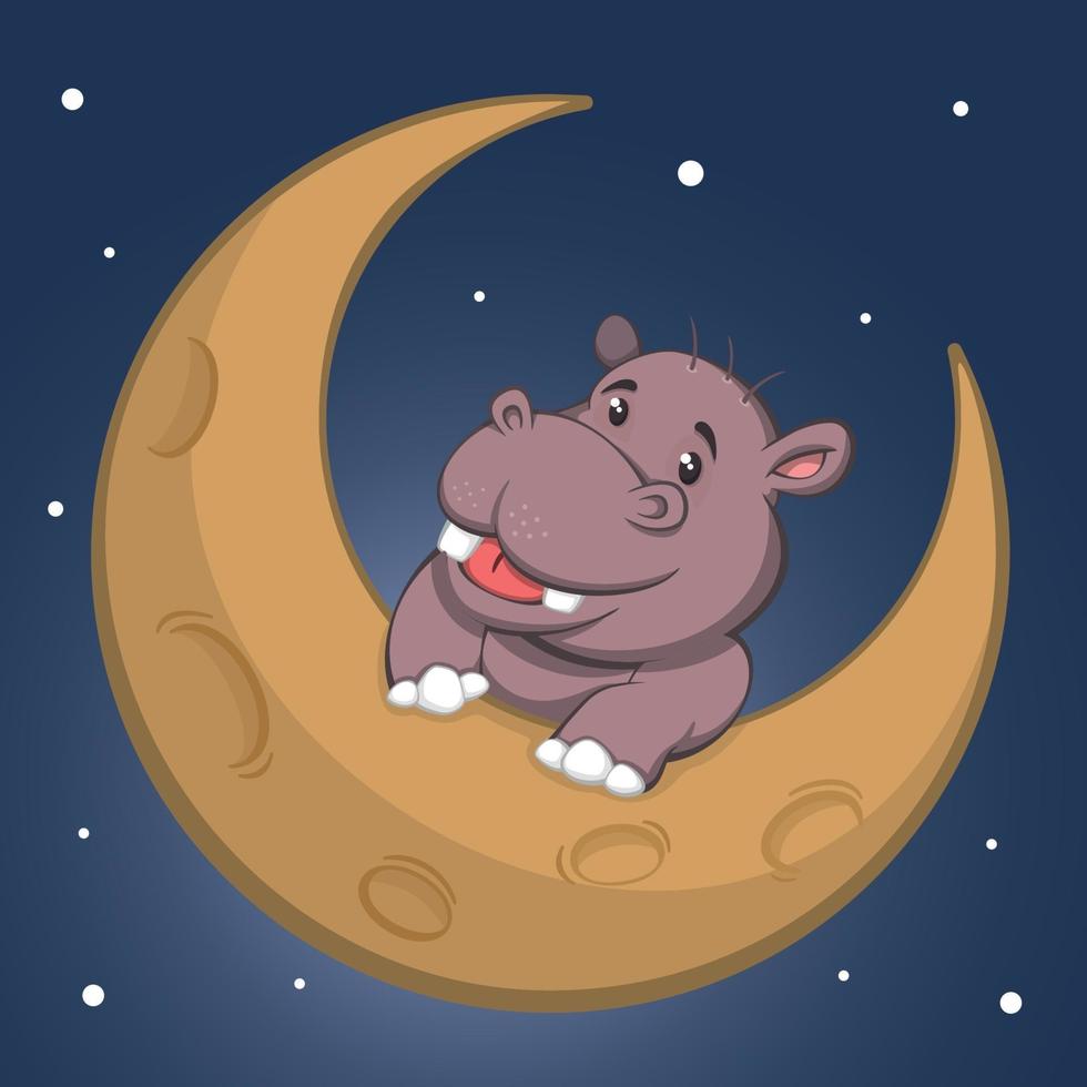 hippopotame de dessin animé mignon sur le croissant de lune vecteur