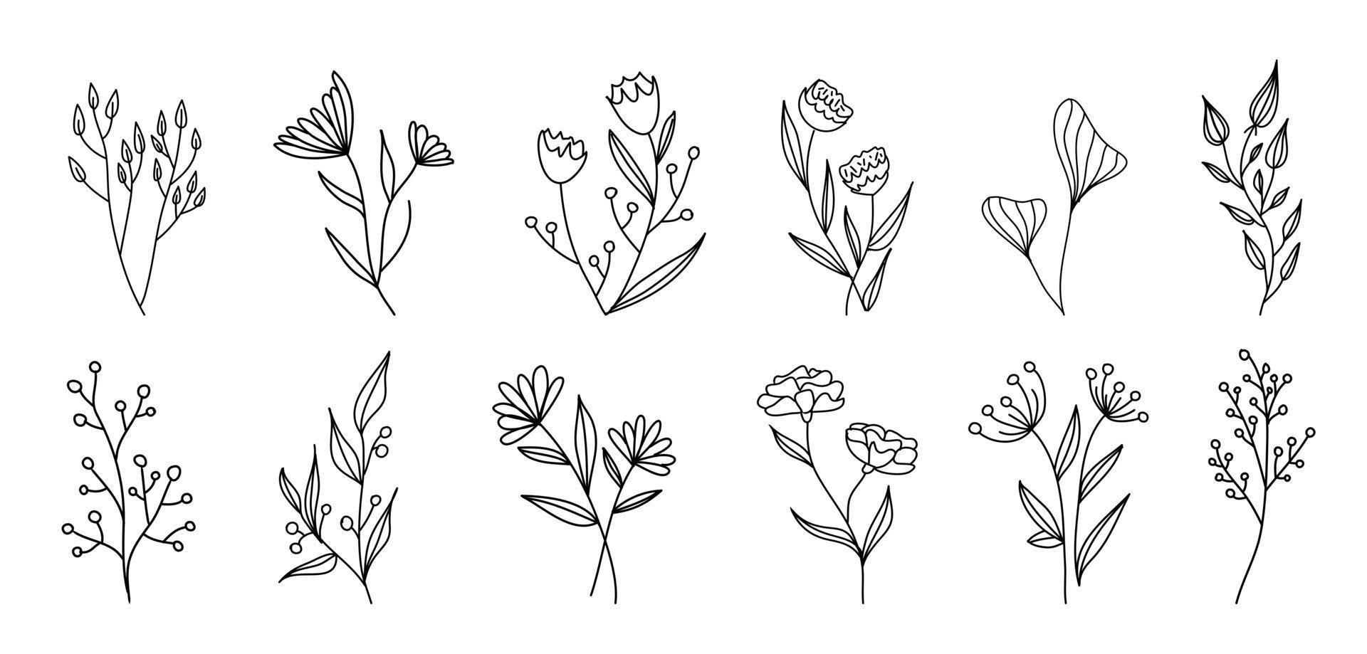 ensemble d'éléments floraux vintage de vecteur. ensemble mignon de vecteur de doodle.