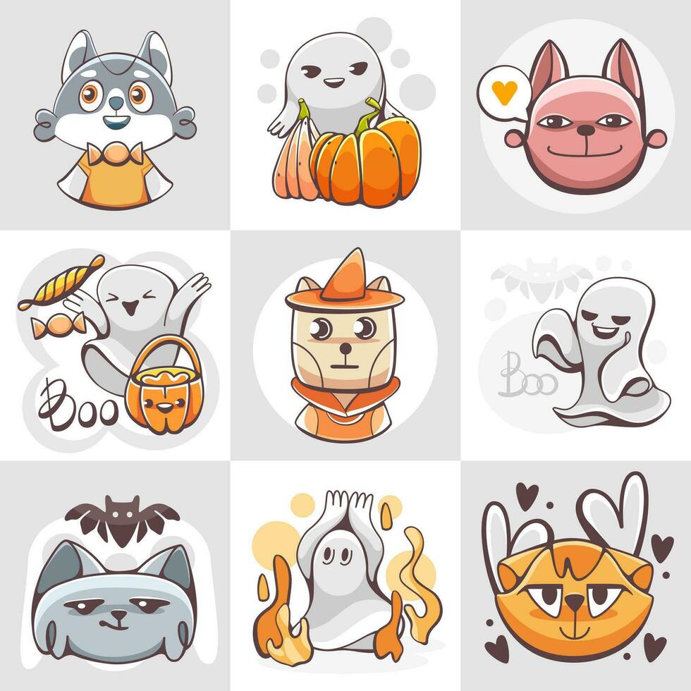 une ensemble de vecteur autocollants avec animaux et des fantômes sur le Halloween thème dans une dessin animé style.