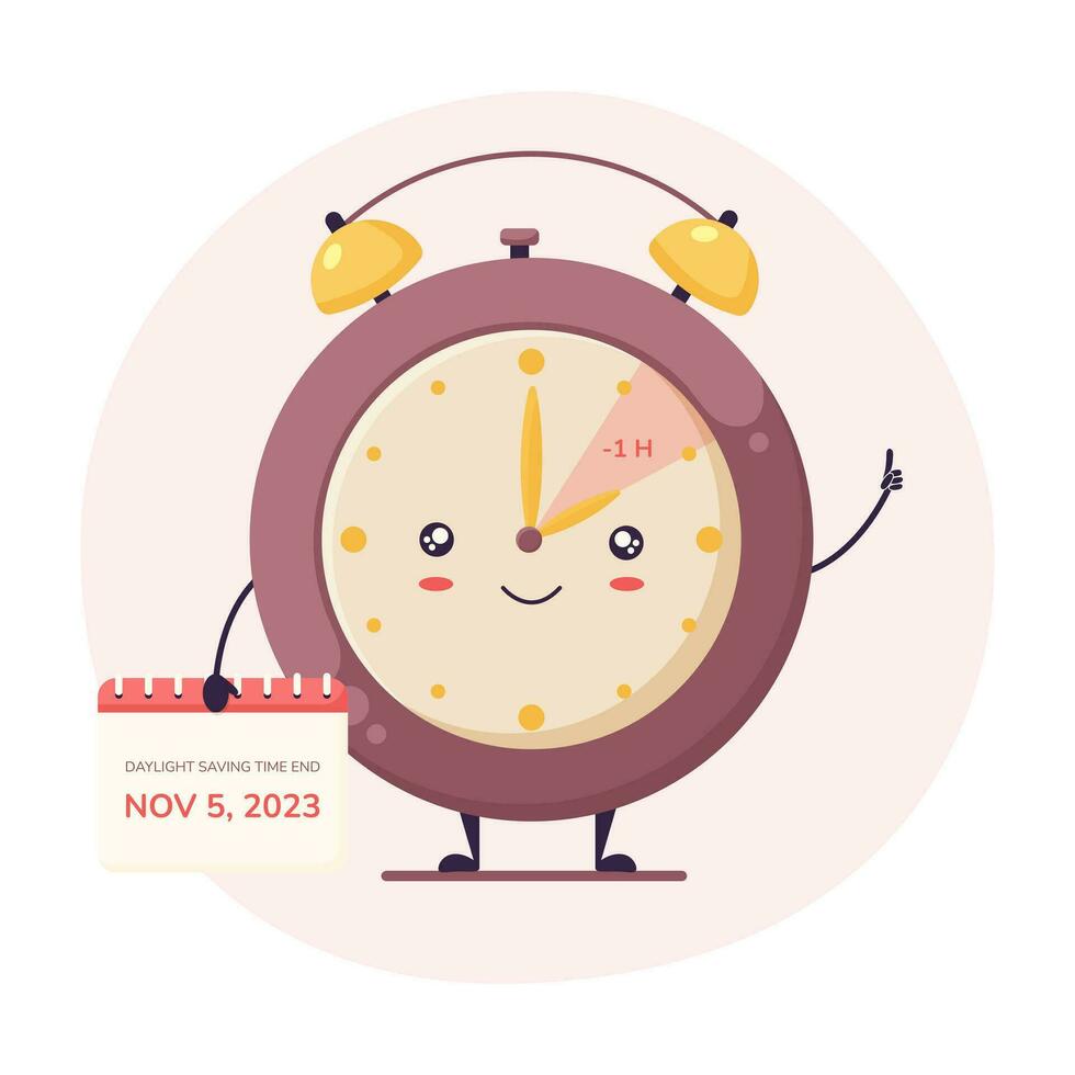 mignonne l'horloge avec souriant visage et calendrier dans mains. tomber retour dessin animé style l'horloge personnage. lumière du jour économie temps fin concept. vecteur