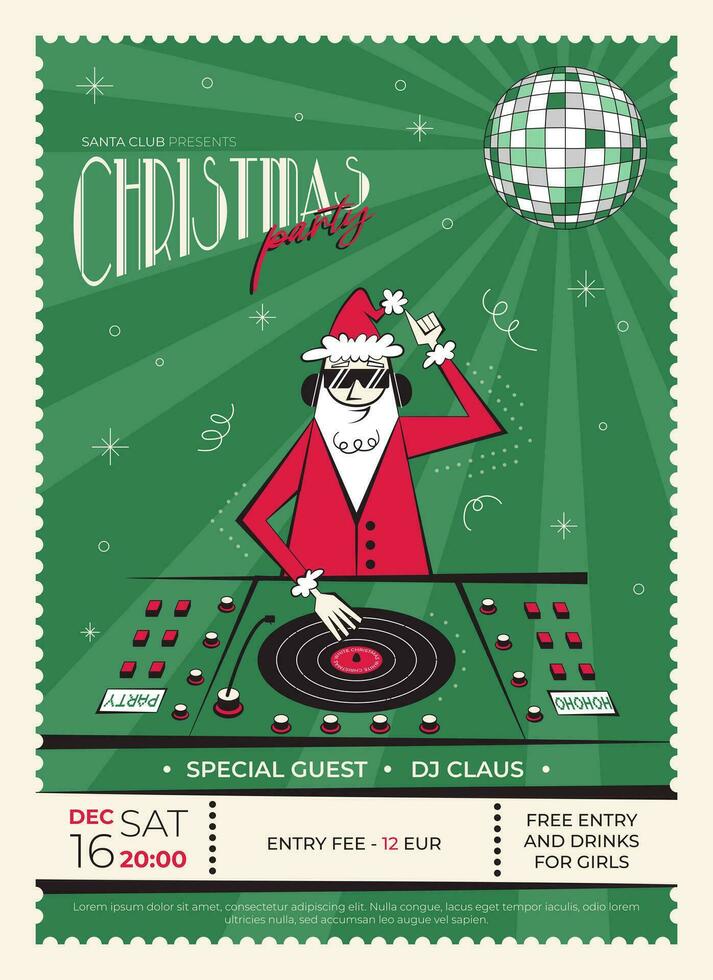 nuit club rétro Noël fête invitation. Années 60 - Années 70 style Noël affiche avec dj Père Noël claus. vecteur