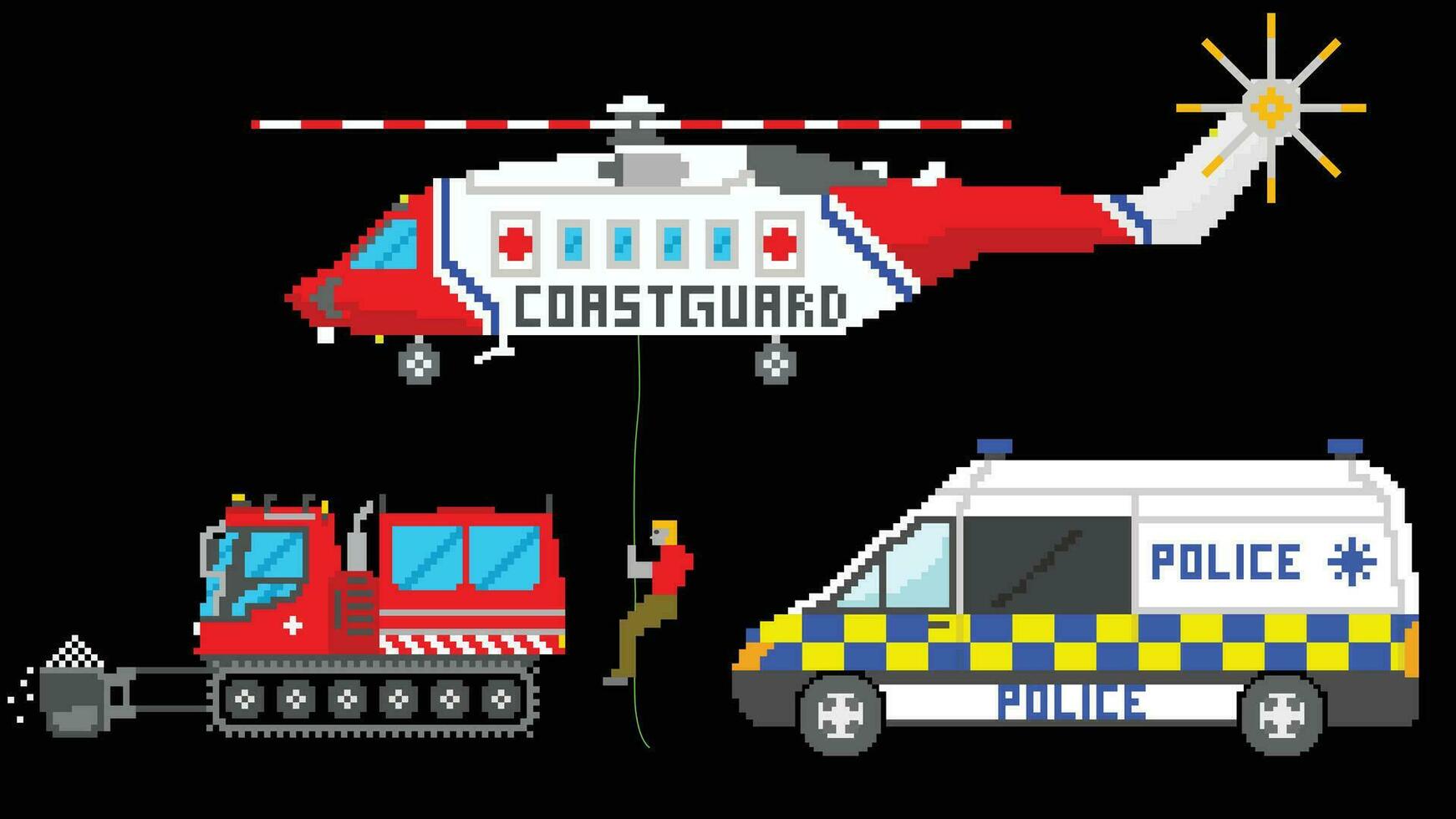 urgence véhicule ensemble vecteur illustration conçu dans 8 bit formes. une hélicoptère vecteur