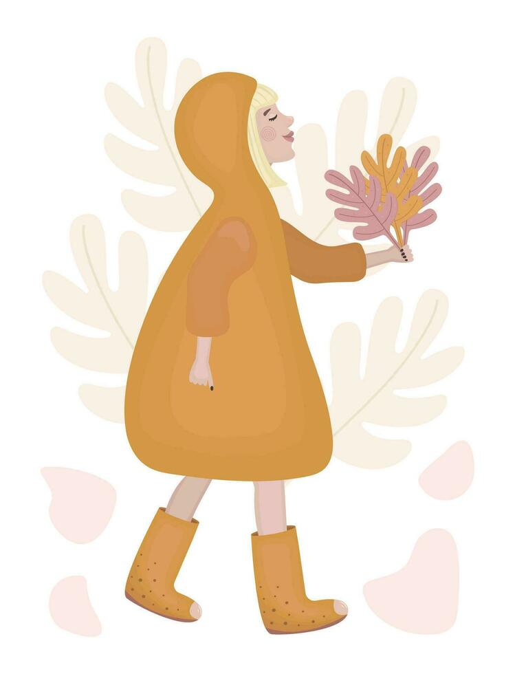 content femme blond avec bob coiffure est sur un l'automne marcher, fille dans une imperméable avec une capot, Dame avec une bouquet de l'automne feuilles, atmosphérique tomber Couleur vecteur illustration dans boho style