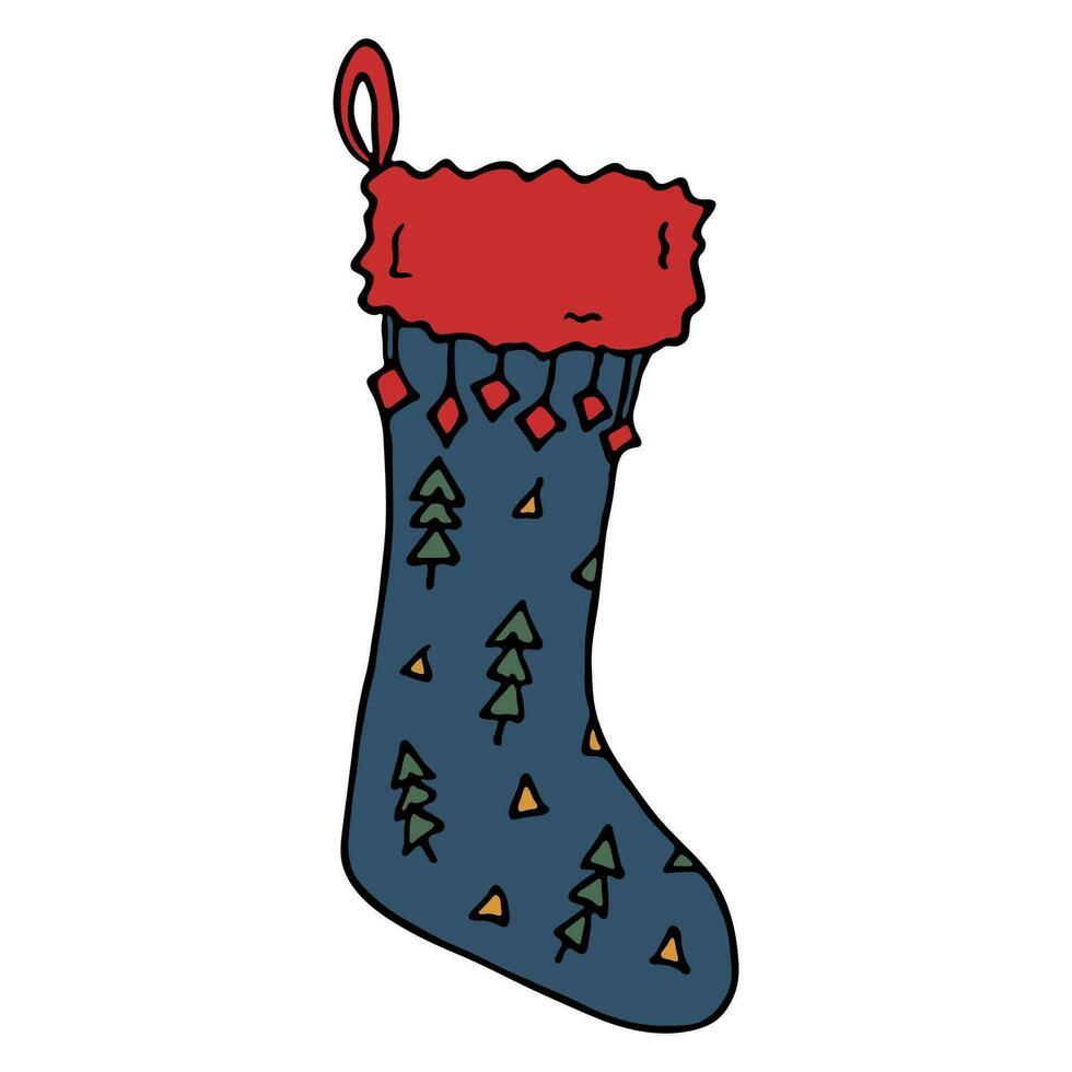 chaussette dessinée à la main pour les cadeaux de noël. doodle de chaussette suspendue. élément de conception unique d'hiver vecteur