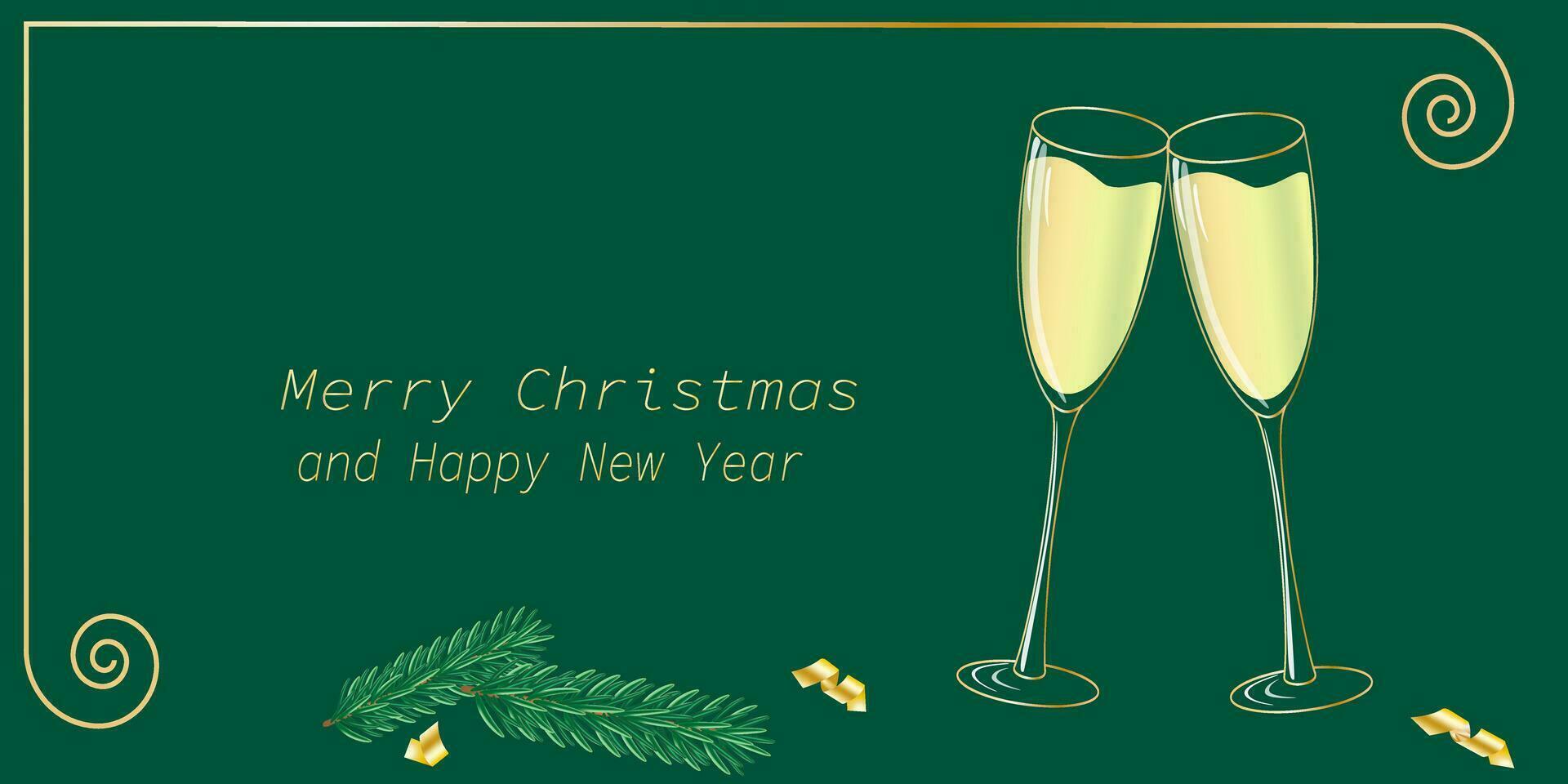 joyeux Noël Champagne des lunettes Noël arbre branches sur vert Contexte vecteur bannière modèle Contexte.