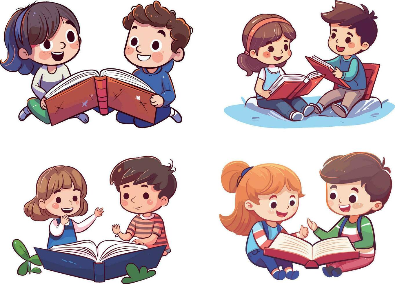 dessin animé des gamins en train de lire livres dans le jardin. vecteur illustration isolé sur blanc Contexte.