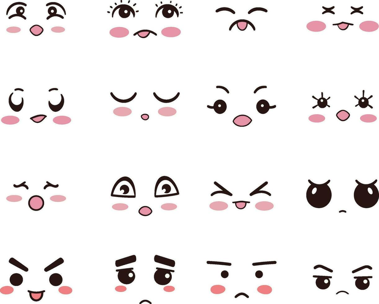 mignonne kawaii visages. kawaii émoticônes avec différent expressions. vecteur illustration.