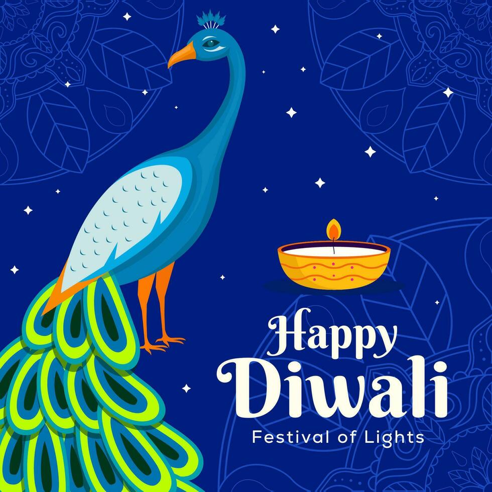 vecteur content diwali Festival de lumière illustration avec paon