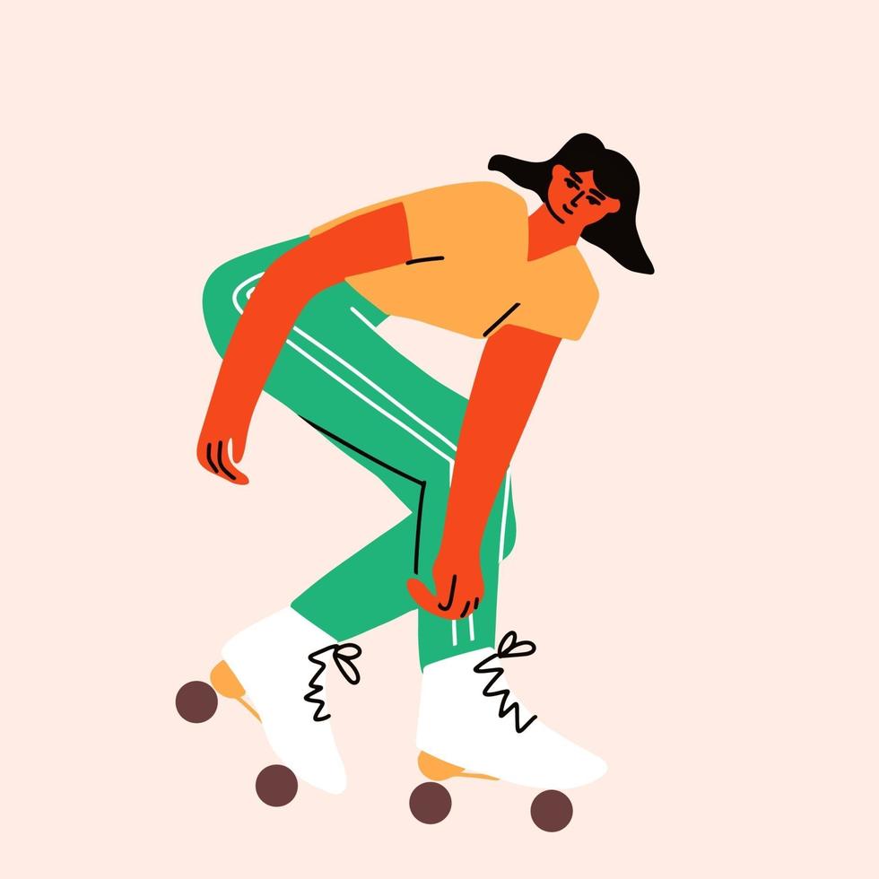 illustration de tout le corps d'une fille funky monter sur des patins à roulettes. vecteur