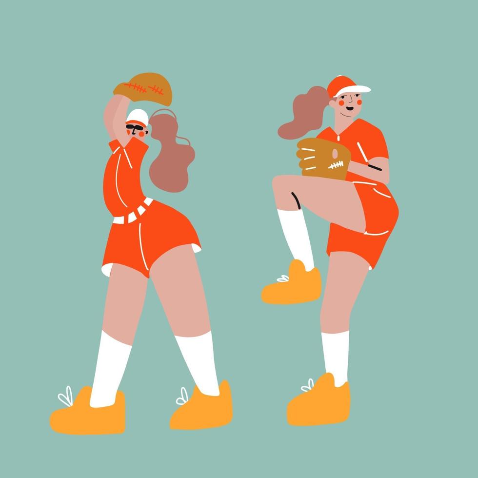 personnages de joueurs de softball de baseball. femme sportive jouant au baseball. vecteur