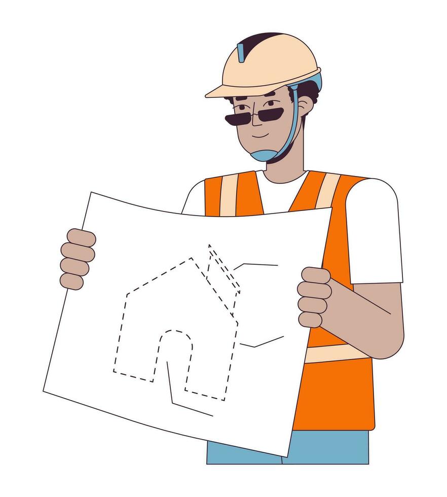 noir homme prestataire avec plan 2d linéaire dessin animé personnage. africain américain Masculin maison constructeur isolé ligne vecteur la personne blanc Contexte. Nouveau Accueil construction Couleur plat place illustration