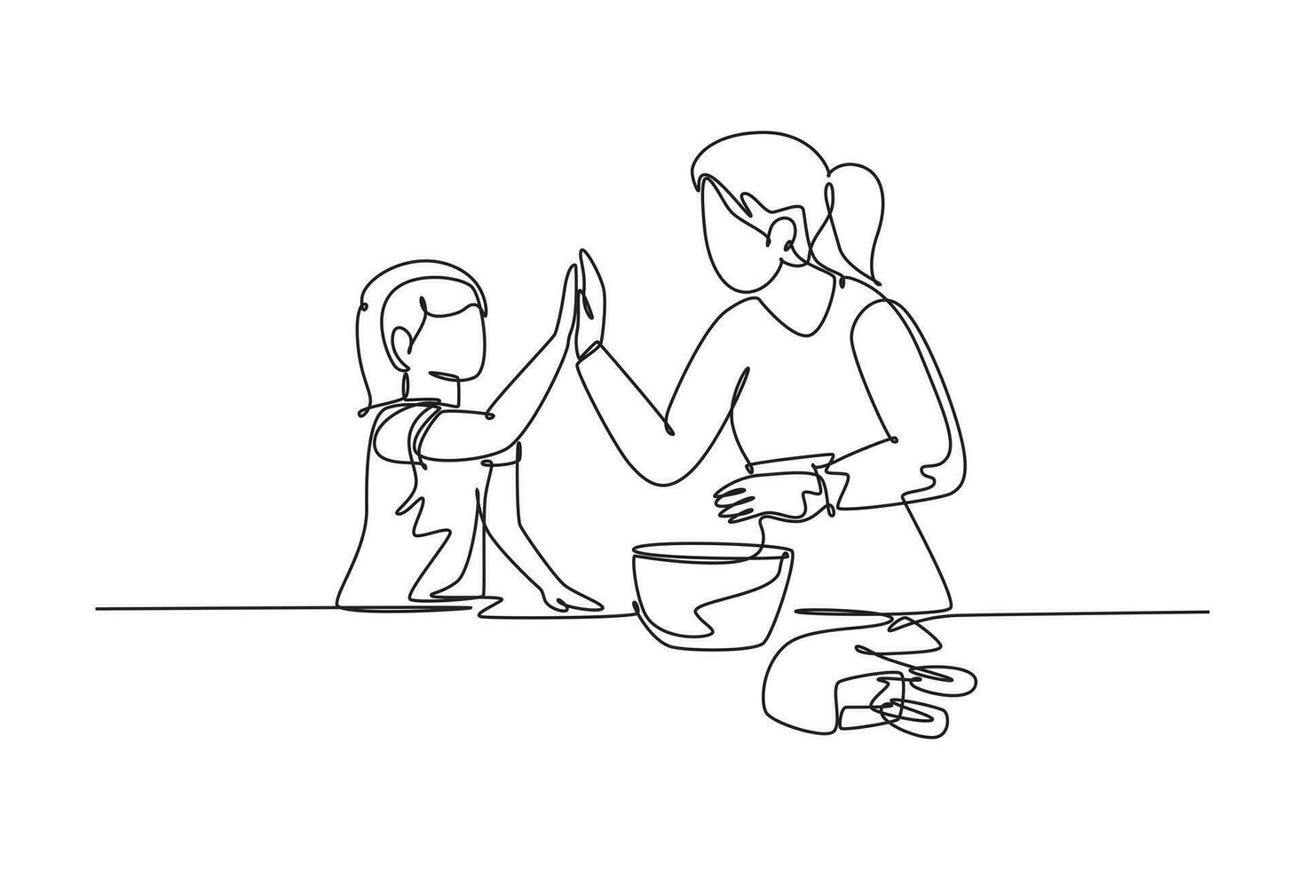 Célibataire un ligne dessin de mère et fille en train de préparer à cuisinier certains biscuits à cuisine et donnant haute cinq geste. parentalité concept. moderne continu ligne dessiner conception graphique vecteur illustration