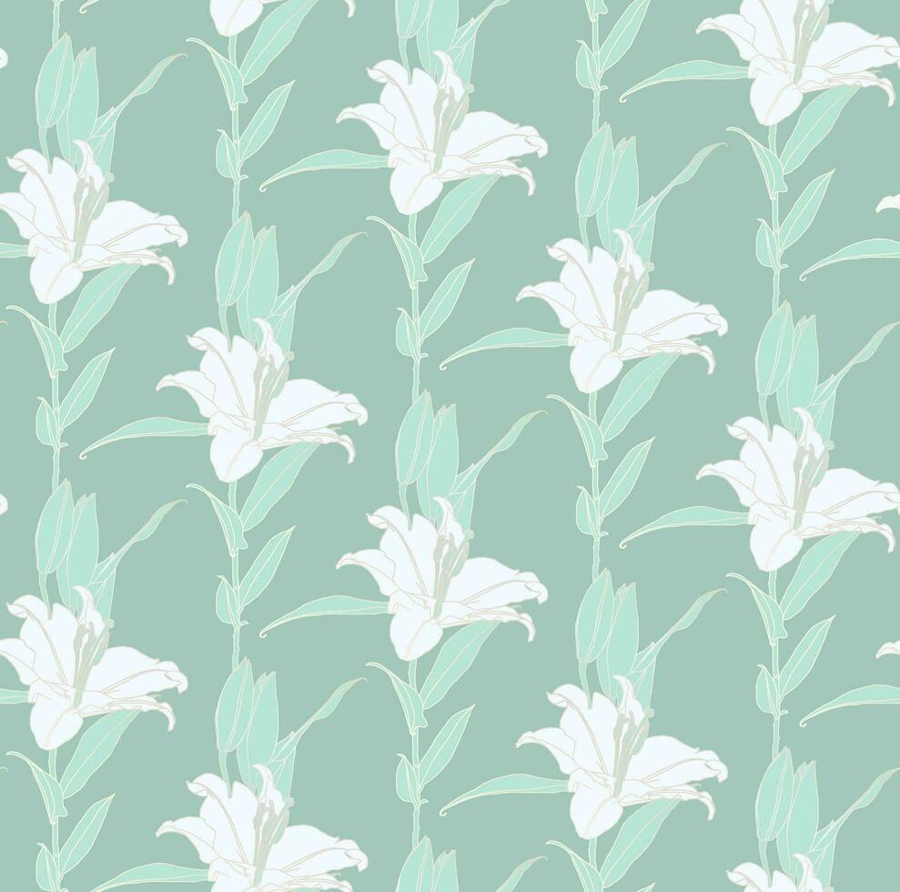 floral sans couture modèle de blanc et menthe vert Couleur lis fleurs avec argent contour. décoratif impression pour fond d'écran, emballage, textile, mode en tissu ou autre imprimable couvertures. vecteur