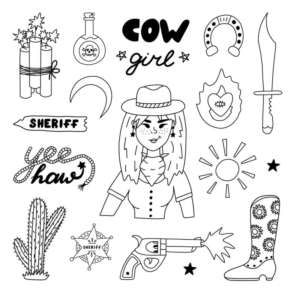 gros cow-girl ensemble dans griffonnage style avec main tiré contour. vecteur illustration avec occidental bottes, chapeau, serpent, cactus, taureau crâne, shérif badge étoile. cow-boy thème avec symboles de Texas et sauvage Ouest.