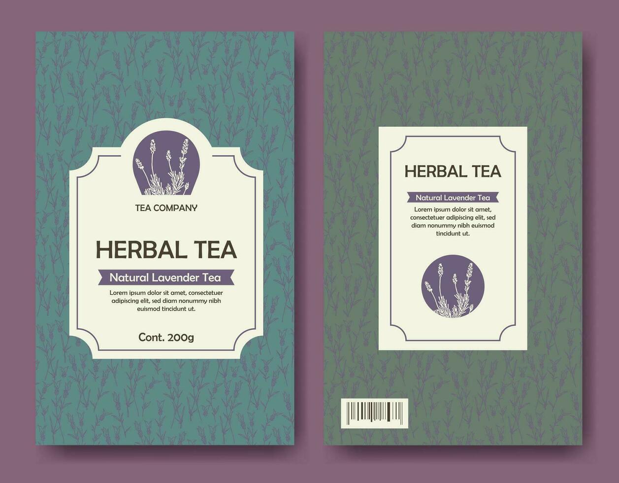 herbe thé étiquette paquet avec nature, biologique lavande. à base de plantes esquisser, contour vecteur modèle