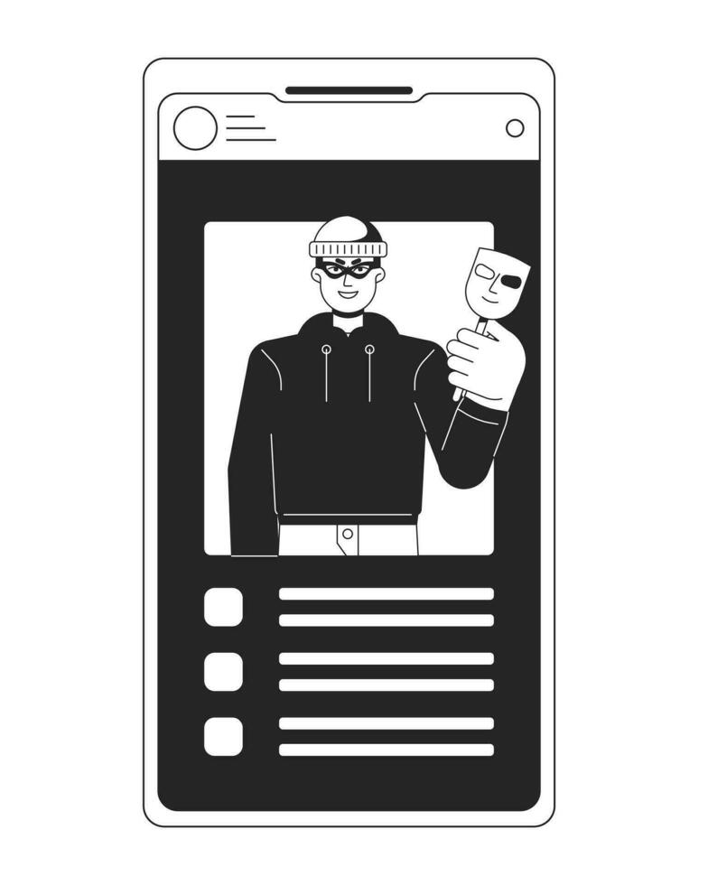 vol identité bw concept vecteur place illustration. voleur vol données. téléphone intelligent écran 2d dessin animé plat ligne monochromatique objet pour la toile ui conception. cybercriminalité modifiable isolé contour héros image