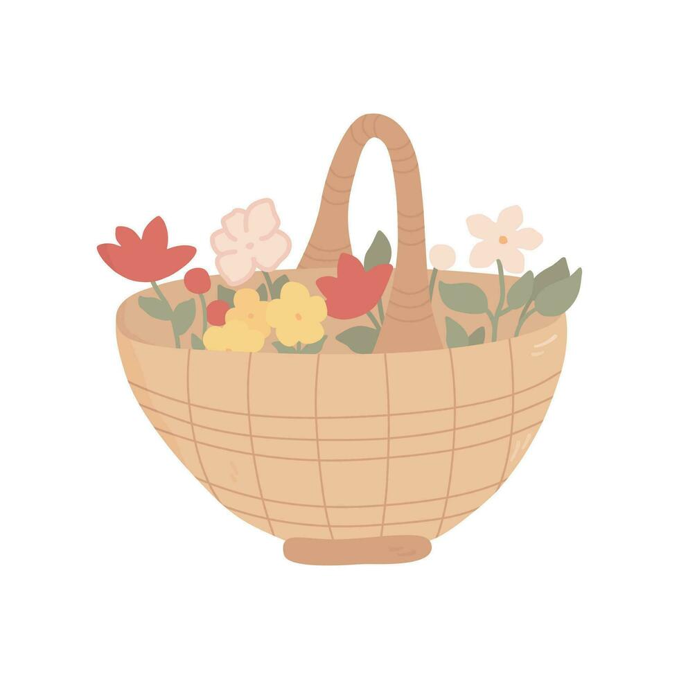 osier panier avec bouquet de fleurs dans main tiré dessin animé style. vecteur