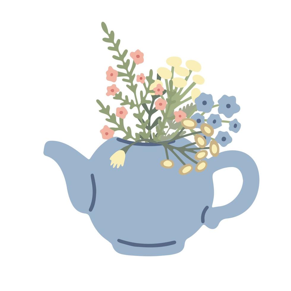 belle théière bleue à décor de fleurs des prés. vecteur