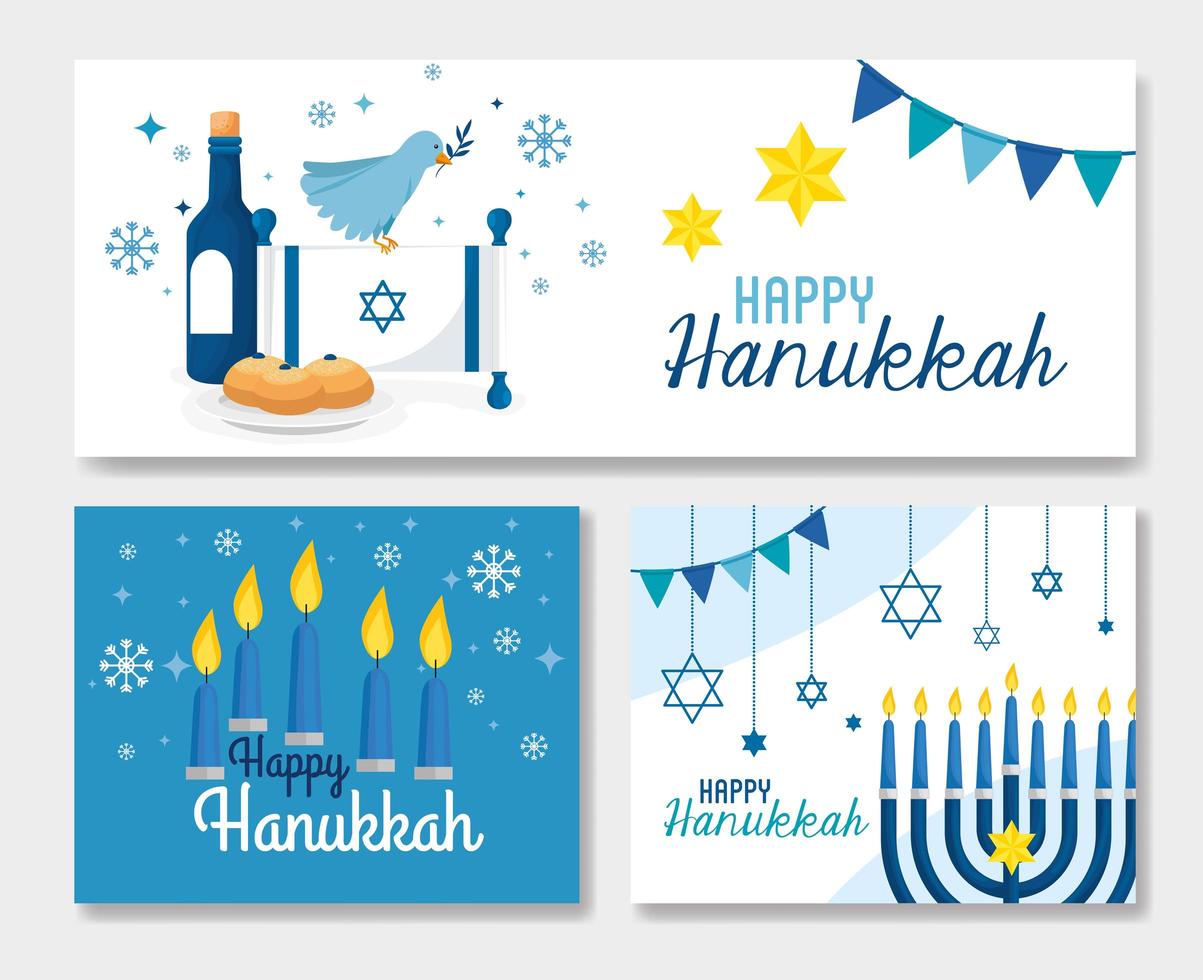 set poster de joyeux hanukkah avec décoration vecteur