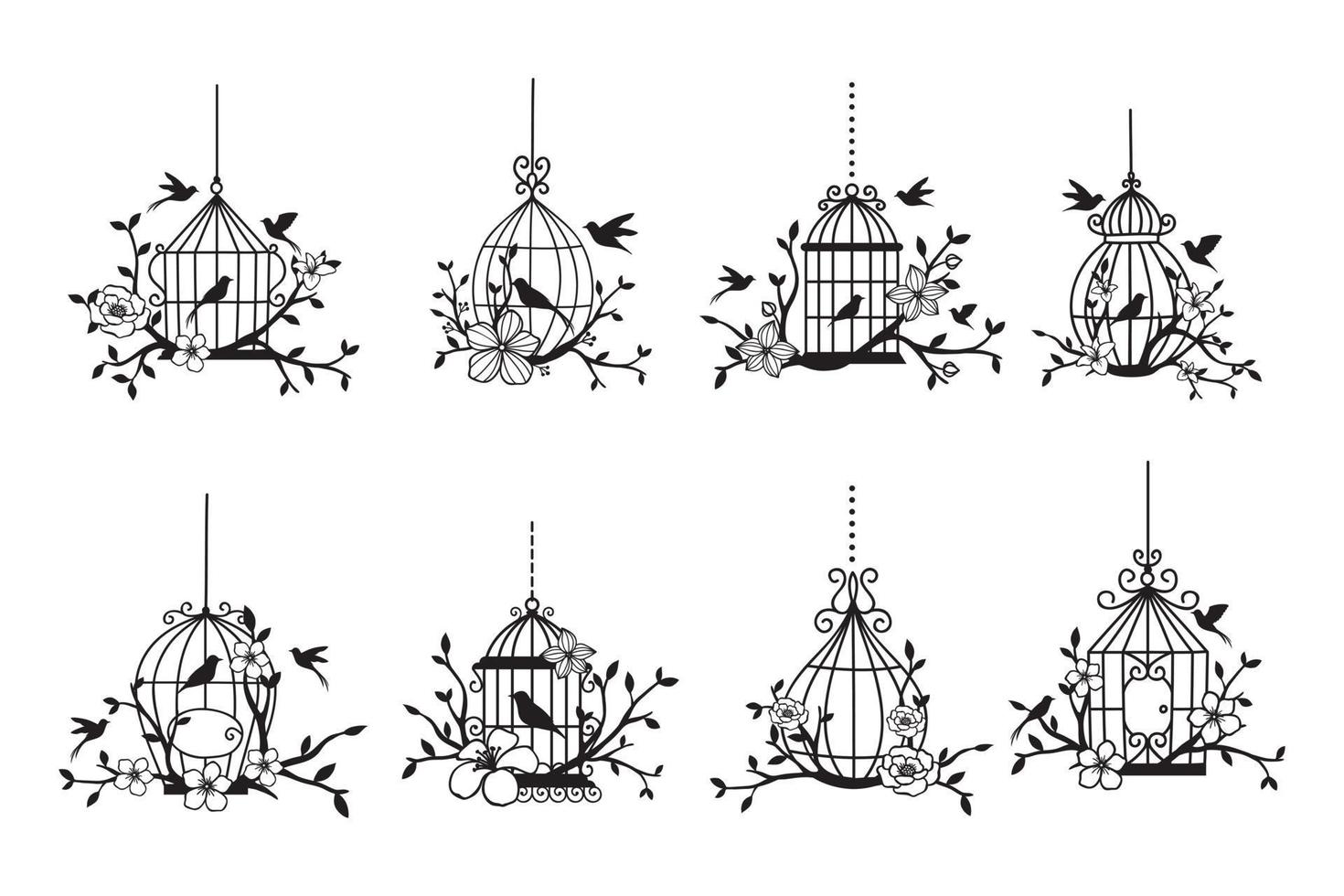 ensemble de collections de cages à oiseaux de mariage dessinées à la main vecteur