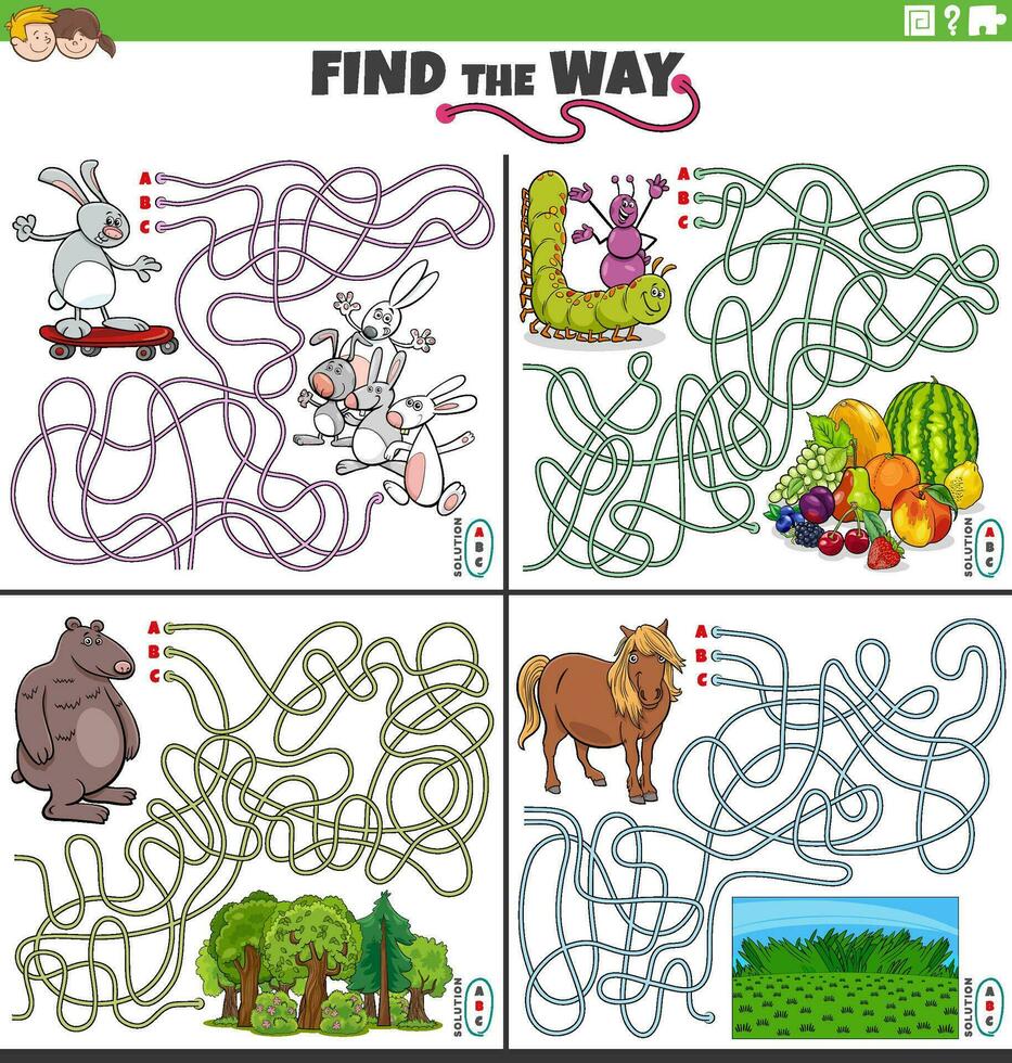 Labyrinthe Activités ensemble avec dessin animé animal personnages vecteur