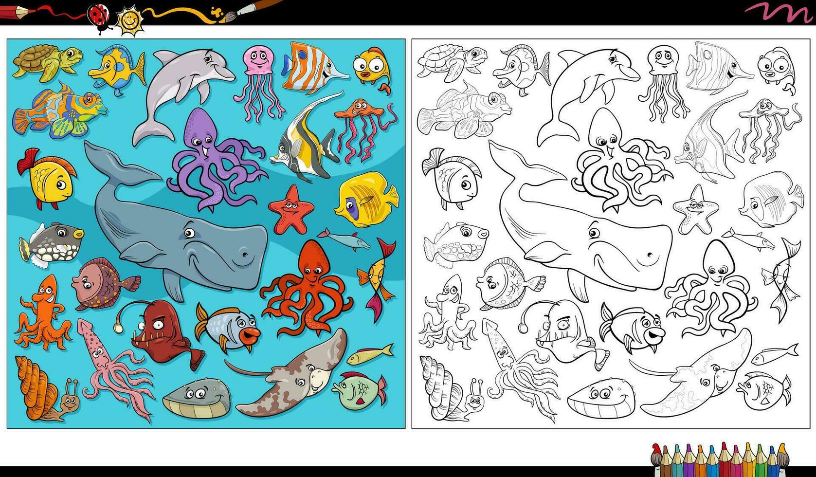 dessin animé poisson et Marin animal personnages groupe coloration page vecteur