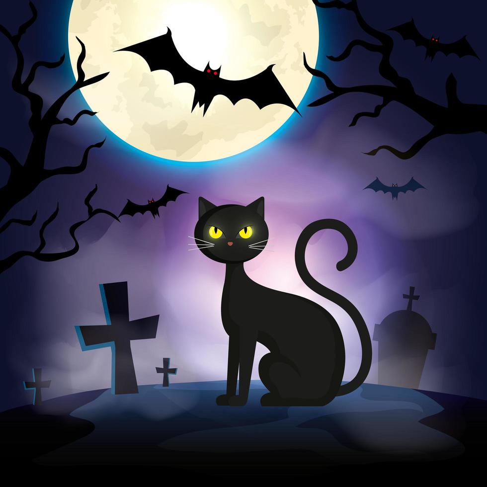 chat dans la nuit noire scène d'halloween vecteur