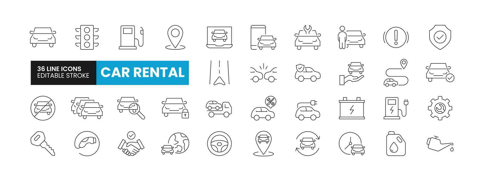 ensemble de 36 voiture de location ligne Icônes ensemble. voiture de location contour Icônes avec modifiable accident vasculaire cérébral collection. comprend voiture, service, voiture clé, carburant, électrique voiture et plus. vecteur