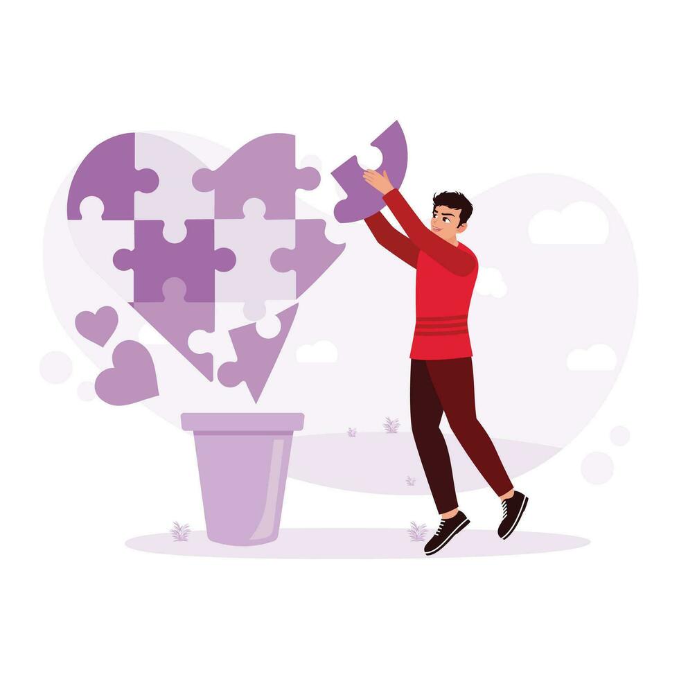 une homme met ensemble une en forme de coeur puzzle. symbole de portion autres. faire un don concept. tendance moderne vecteur plat illustration