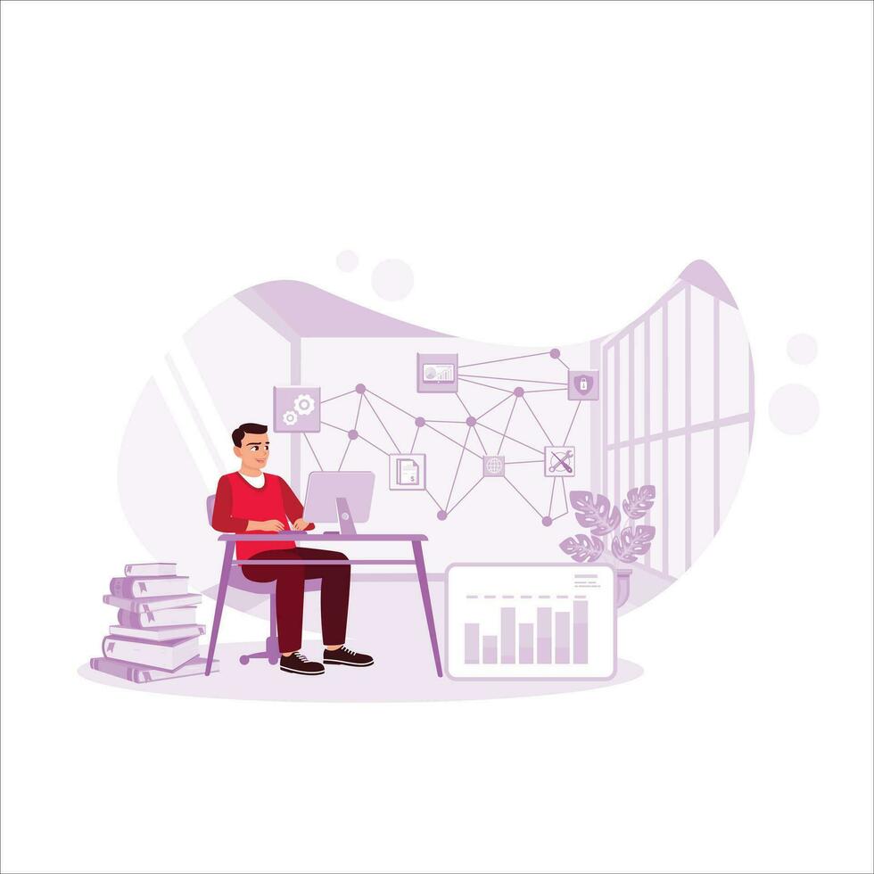 système administration et machine apprentissage ingénieur programmation à le poste de travail. cerveau avec numérique circuits et programmeur avec artificiel intelligence. tendance moderne vecteur plat illustration