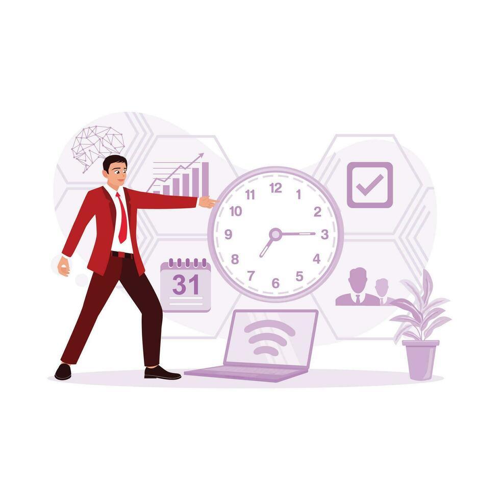 temps la gestion concept. une directeur points à une gros horloge, le la gestion de travail processus dans le entreprise. tendance moderne vecteur plat illustration