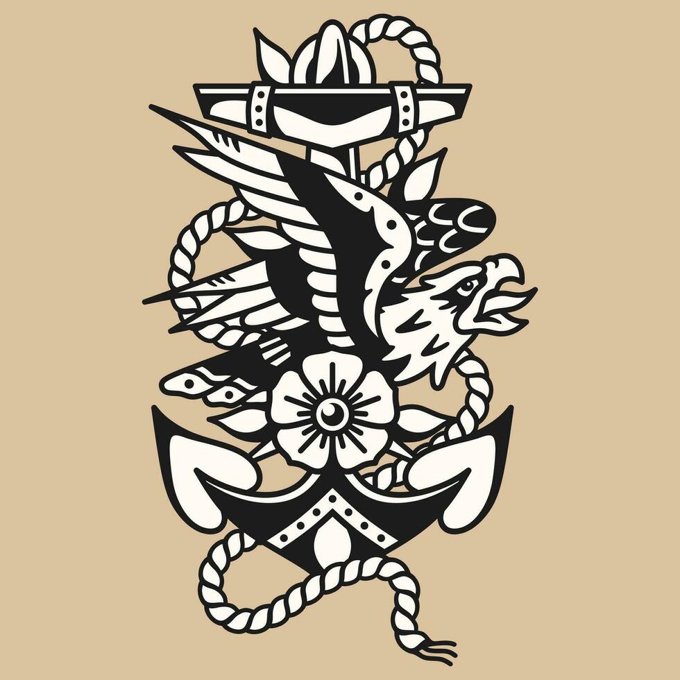 traditionnel Aigle et ancre tatouage vecteur