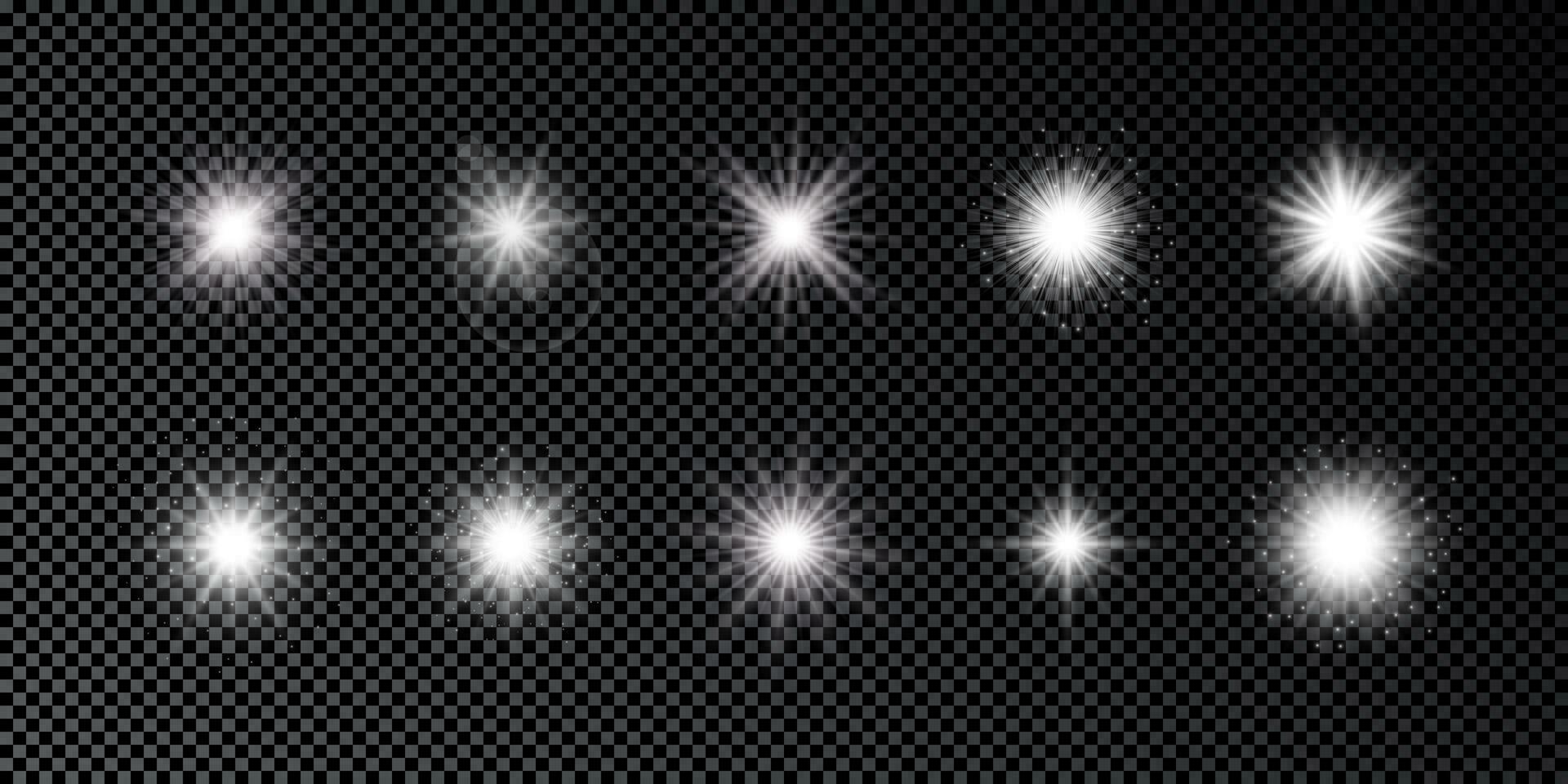 lumière effet de lentille fusées éclairantes. ensemble de Dix blanc embrasé lumières starburst effets avec scintille sur une foncé Contexte. vecteur illustration