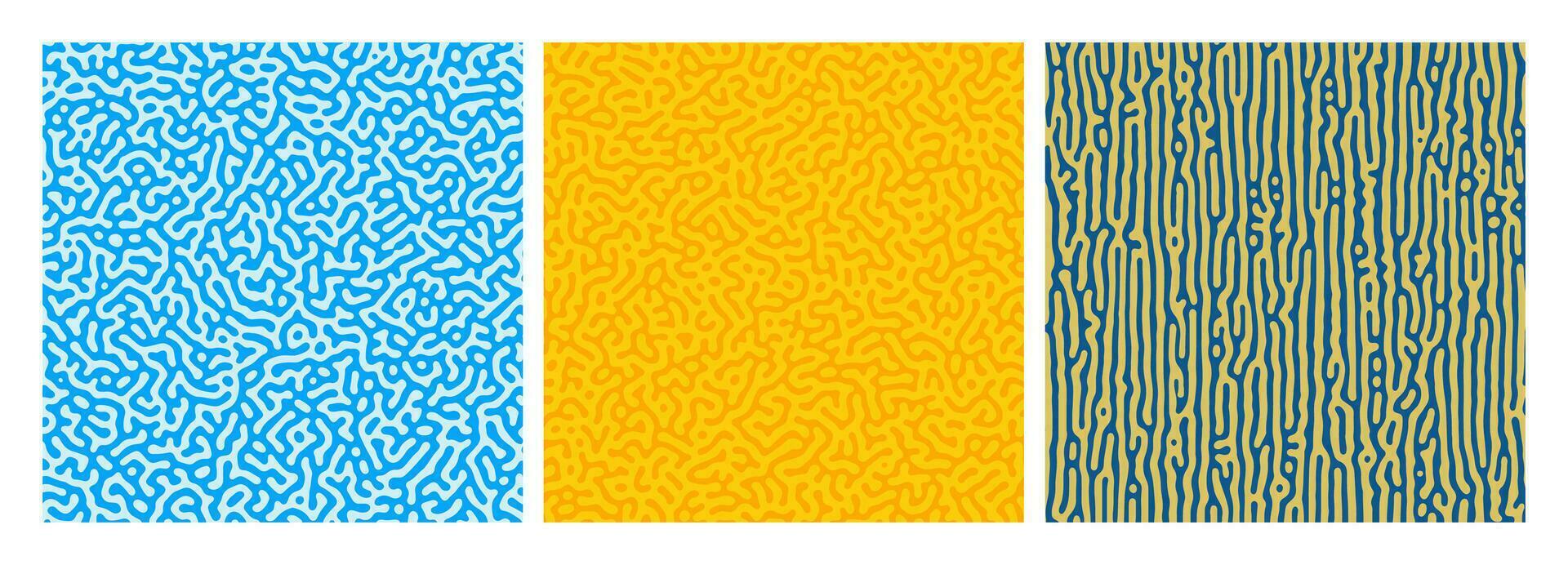 ensemble de Trois coloré turing réaction pente arrière-plans. abstrait la diffusion modèle avec chaotique formes. vecteur illustration.