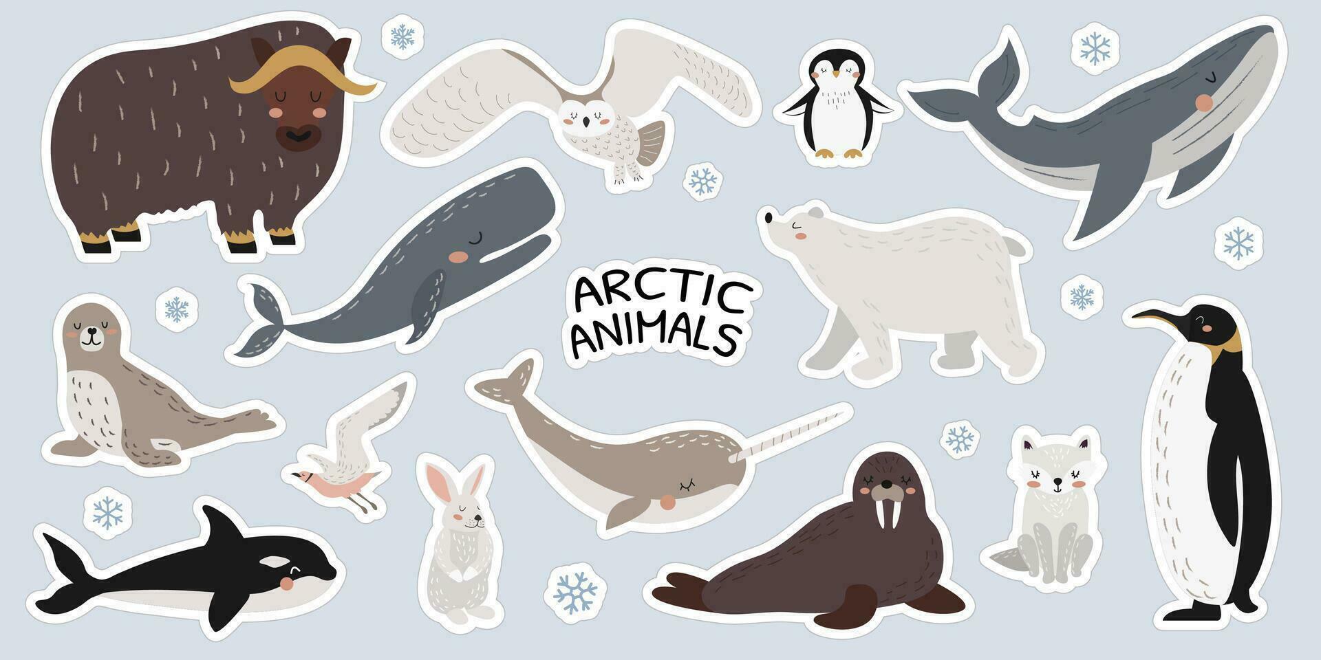 vecteur autocollant ensemble de mignonne polaire animaux, Marin mammifères et des oiseaux. grand ensemble de sauvage Arctique animaux. baleine, narval, morse, polaire hibou, polaire ours, pingouins. vecteur illustration dans plat style. bannière