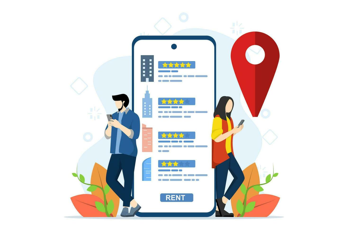 maison pour louer. gens location appartements avec en ligne prestations de service. utilisateurs chercher pour appartements pour location en ligne. réel biens de location concept, Maisons pour louer. plat vecteur illustration sur blanc Contexte.