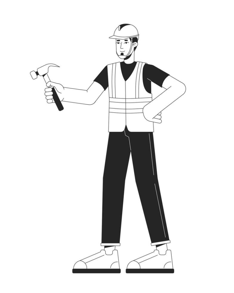 européen dépanneur en portant marteau noir et blanc 2d ligne dessin animé personnage. caucasien adulte homme Charpentier isolé vecteur contour personne. casque spécialiste réparer monochromatique plat place illustration