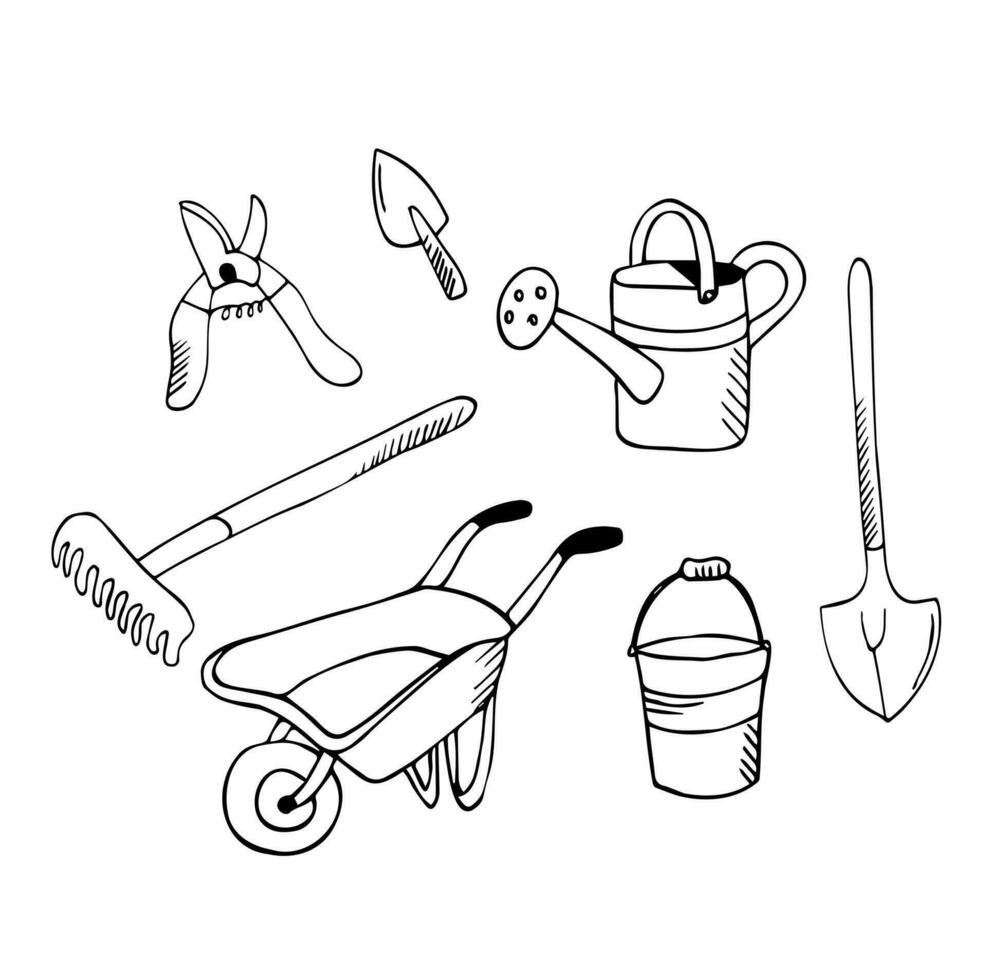 jardin outils griffonnage ensemble. divers équipement et installations pour jardinage, agriculture, agriculture et horticulture. main outils et Puissance outils. à main levée vecteur croquis isolé plus de blanc Contexte.