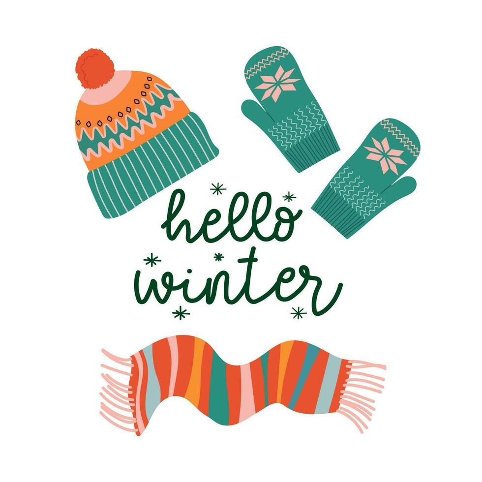Bonjour l'hiver. dessin mitaines, chapeau, écharpe et flocons de neige. illustration avec caractères. vecteur à main levée illustration