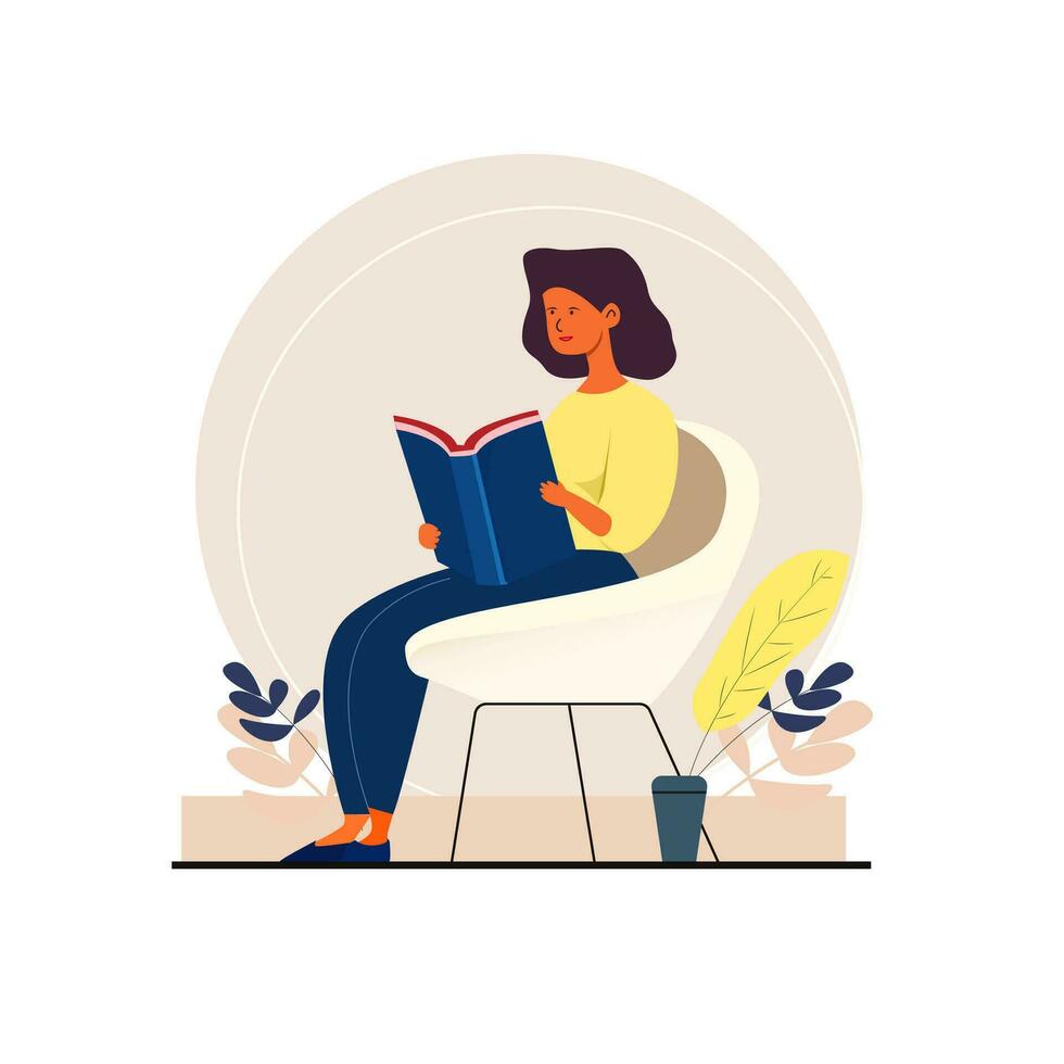 femme en train de lire livre. loisirs, Littérature et gens concept vecteur