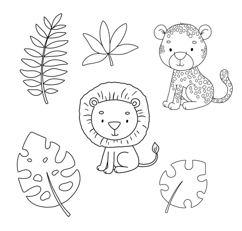 mignonne séance guépard, Lion et feuilles. contour des illustrations ensemble pour enfants. ligne safari animal pour coloration page. vecteur