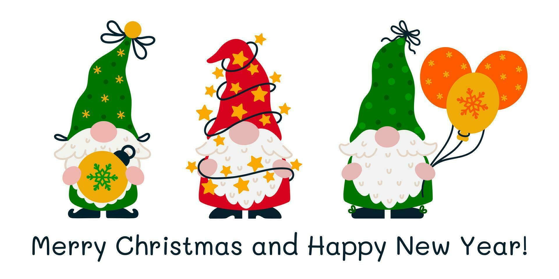 vacances gnomes vecteur ensemble. mignonne marrant elfes sont en portant une Noël arbre jouet, guirlande avec étoiles et lumières, des ballons avec flocon de neige imprimer. Père Noël claus aides dans une stockage casquettes. plat dessin animé clipart