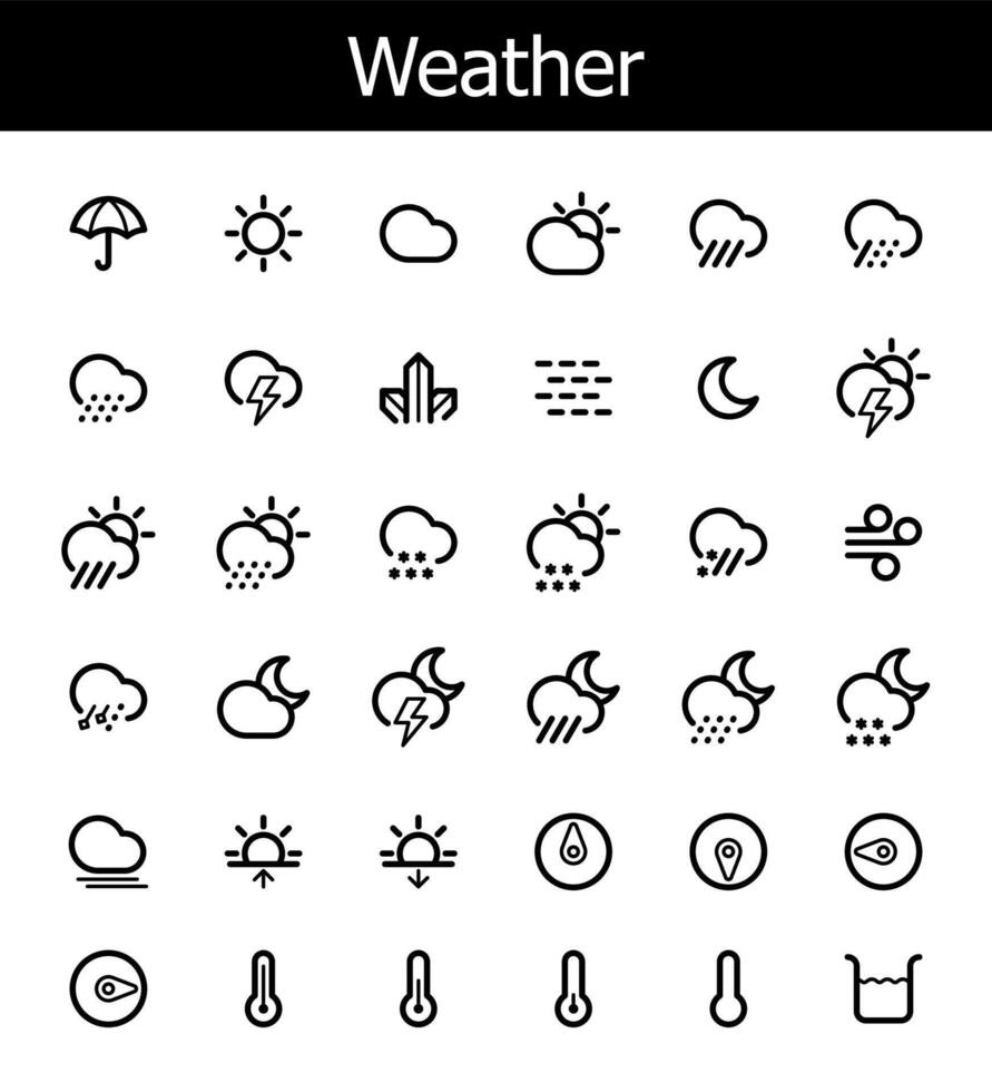 temps Icônes ensemble. soleil, pluie, tonnerre tempête, rosée, vent, neige nuage, nuit ciel minimal vecteur des illustrations Facile contour panneaux pour la toile et prévoir app