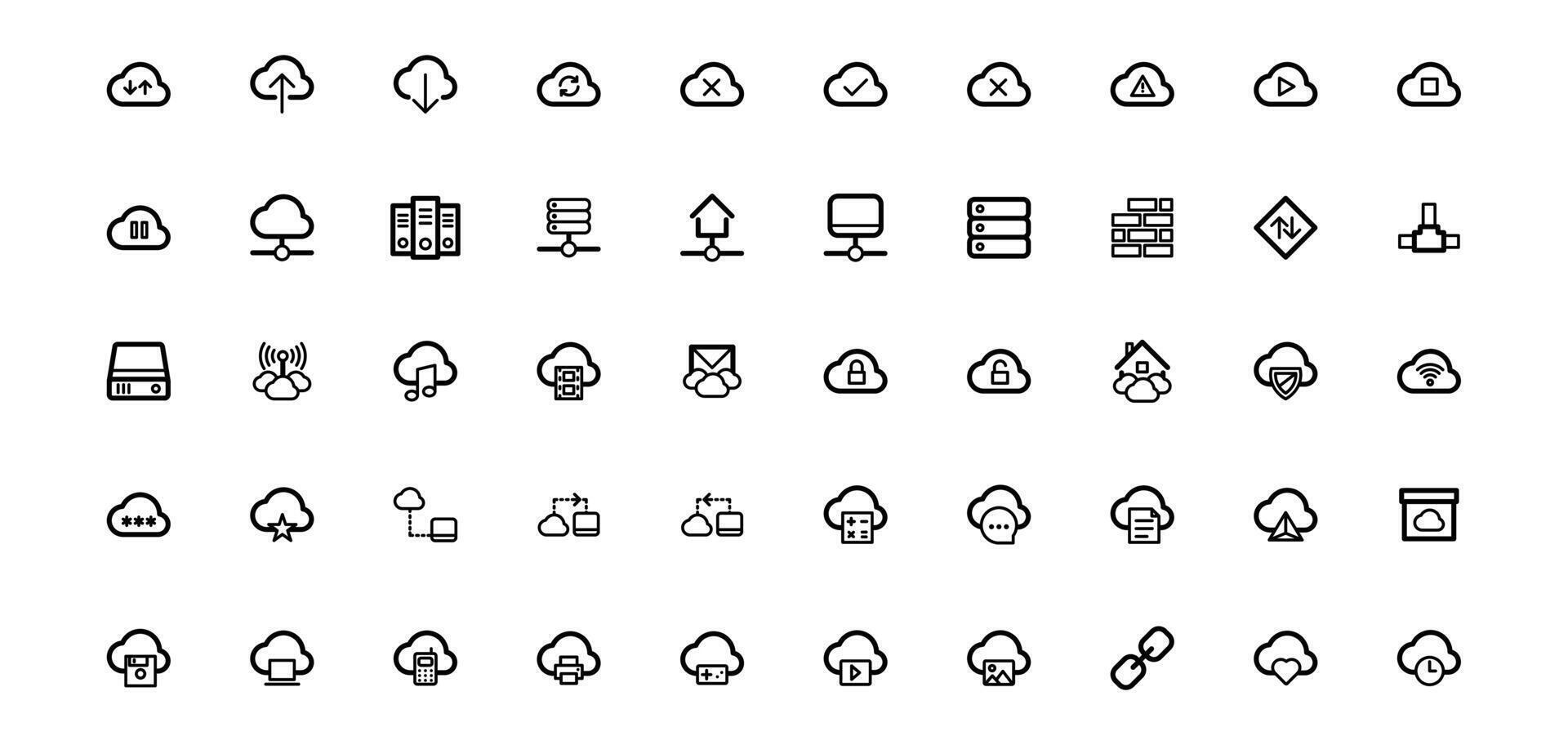 ensemble de ligne Icônes en relation à nuage l'informatique, nuage prestations de service, les serveurs, cyber sécurité, et numérique transformation. contour icône collection modifiable vecteur illustration