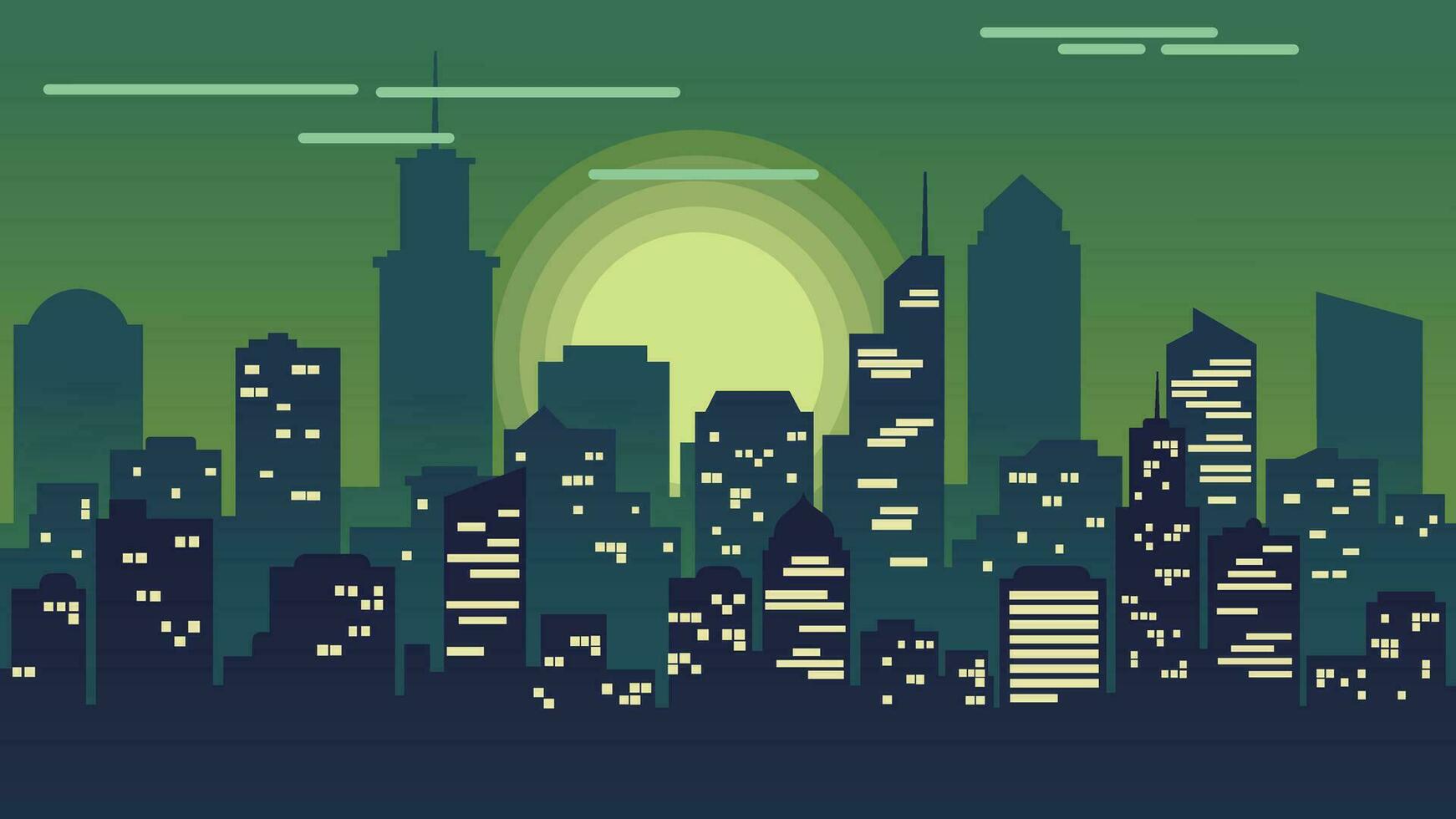 un illustration de le ville atmosphère à nuit avec nuances de vert à foncé vert vecteur