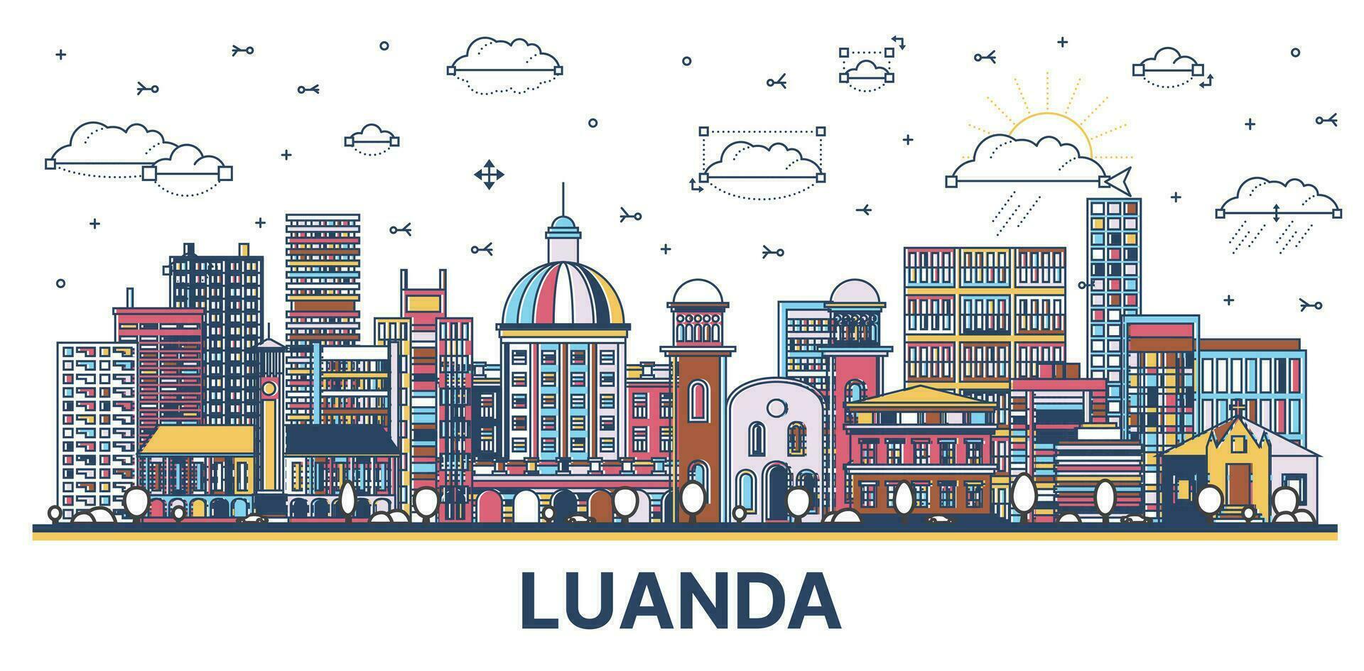 contour Luanda angola ville horizon avec coloré moderne et historique bâtiments isolé sur blanche. Luanda paysage urbain avec Repères. vecteur