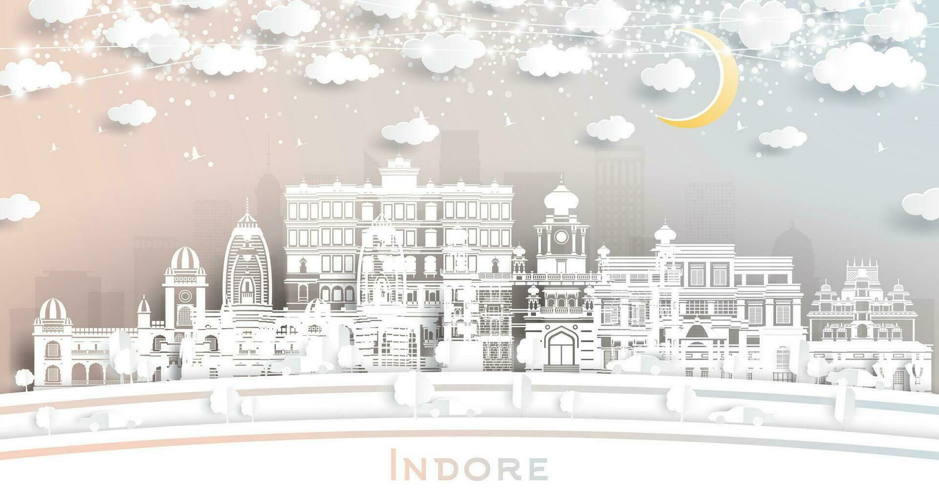 indore Inde ville horizon dans papier Couper style avec blanc bâtiments, lune et néon guirlande. Voyage et tourisme concept. indore paysage urbain avec Repères. vecteur