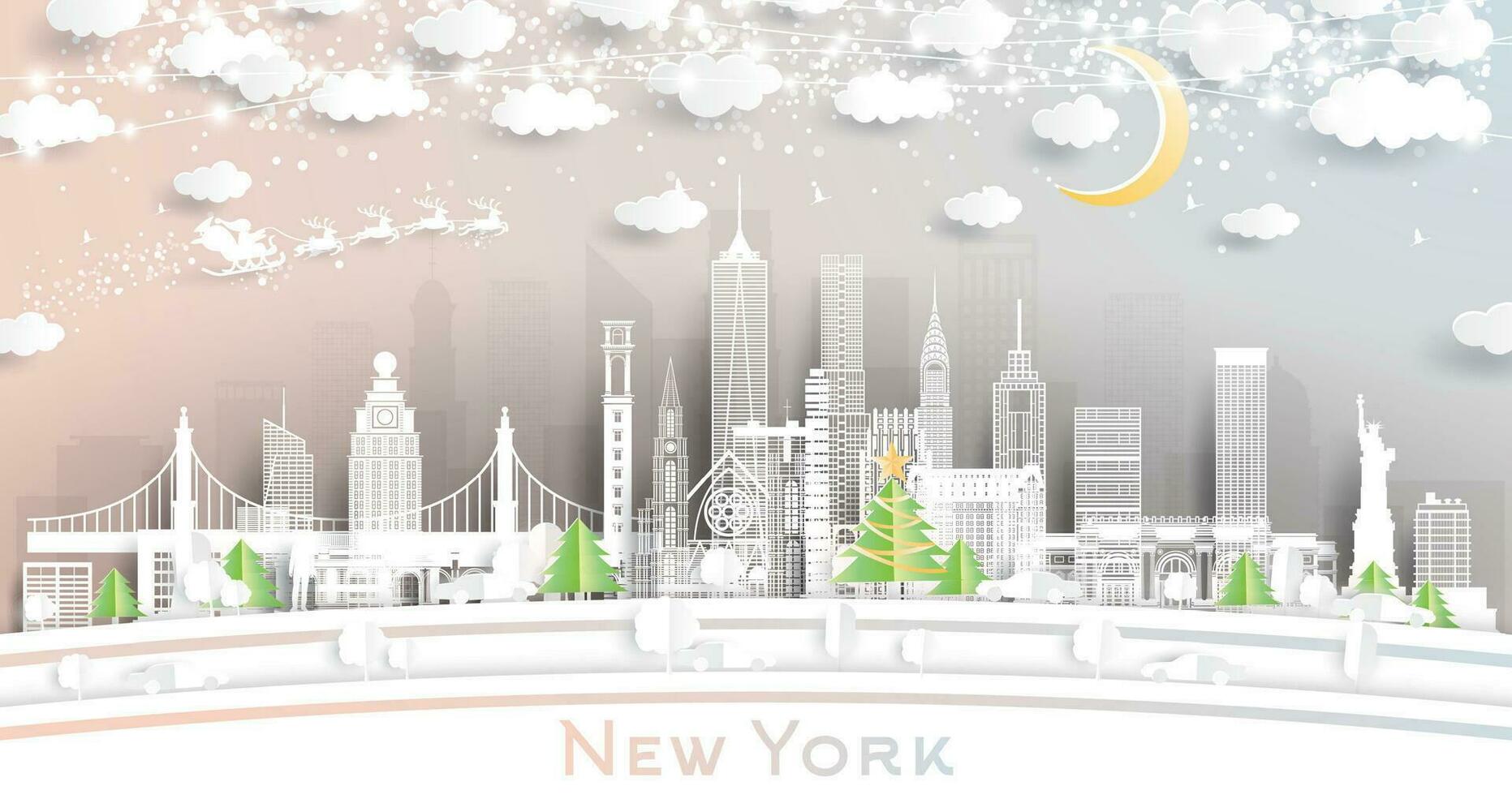 Nouveau york Etats-Unis. hiver ville horizon dans papier Couper style avec flocons de neige, lune et néon guirlande. Noël et Nouveau année concept. Nouveau york paysage urbain avec Repères. vecteur
