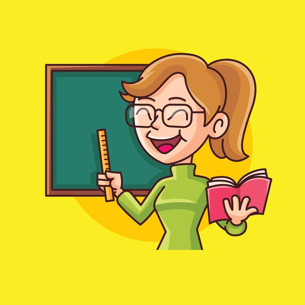 Enseignante de dessin animé tenant un livre et pointant vers le tableau noir avec une règle vecteur